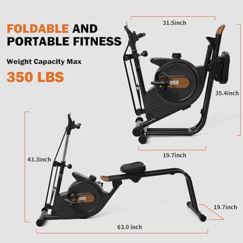 Rowing Machine for Home, 3 in 1 Magnetic Rower with 6-Level Height Adjustable, LCD Monitor & Phone Holder, APP Compatible, Folding Design, 350LBS Weight Capacity for Full-Body Workout