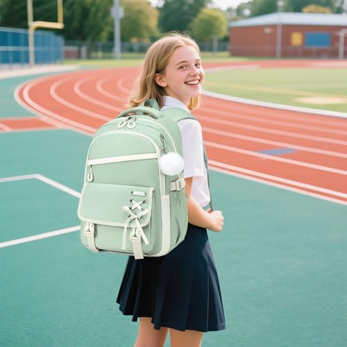 Scothen 3PCS Girls Backpack for School, Kids Backpack for Girls with Lunch Bag Pencil Case, Kids Bookbag Teen Backpacks for Elementary Middle High School - color: Green-beige