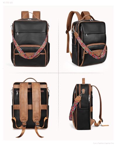 SYTRAH Leather Laptop Backpack, 15.6 Inch Business Computer Bag, Designer College Backpack Travel Backpack with Colorful Shoulder Bag Strap Black Brown - color: Black Brown