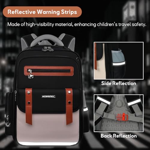 Kids Backpack for Kids, Lightweight Waterproof Black White Backpack for School, Kindergarten Elementary School Students Boys & Girls Backpack with Safety Whistle and Includes a Detachable Waist Belt - color: Black