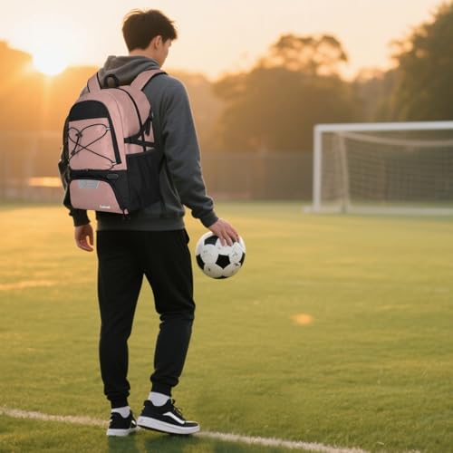 Goloni 30L Sports Backpack with Ball Compartment & Ventilated Shoe Pocket,Basketball Soccer Bag for Youth Boys Girls - color: Pink