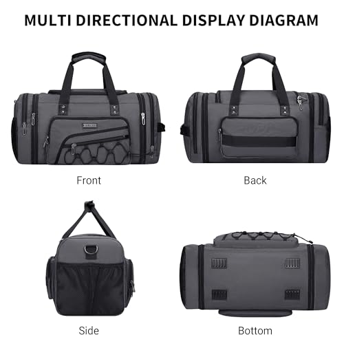 WITZMAN Mens Duffle Bag Expandable 45L Travel Gym with Shoe Compartment - color: Silvery Grey