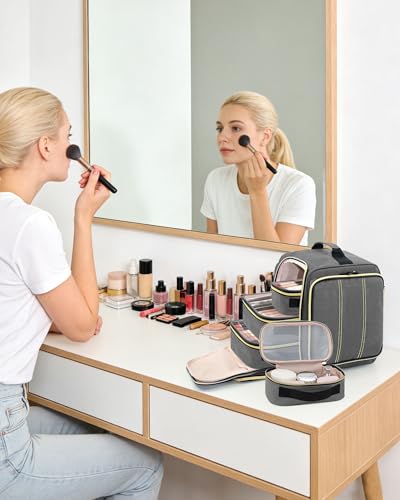 BALULHG Large Travel Makeup Bag - Cosmetic Organizer with 4 Removable transparent Inner Pockets, Multi-functional Toiletry Bag for Accessories & Brushes, Women's Beauty Case,Patent Pending - color: Grey