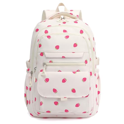 Phaoullzon Girls High Middle School Strawberry Backpack for Kids Kawaii Bookbag College Daypack,Strawberry - color: Beige Strawberry, size: Large (17.5 Inch)