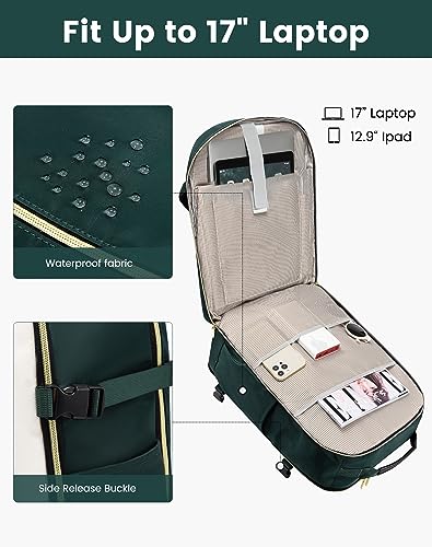 LOVEVOOK 40L Travel Backpack for Women & Men, Airline Approved Carry On Luggage with 3 Packing Cubes, TSA Overnight Bags, Waterproof Personal Item Bag, Weekender Essentials Backpacks fits 17" Laptop - color: Dark Green-beige-black, size: 17.3 Inch-40L-4Pc