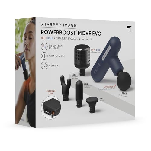 Sharper Image Deep Tissue Percussion Massage Gun, Powerboost Move Evo Hot & Cold Rechargeable Handheld Massager, 4 Adjustable Speeds, 5 Attachment Heads & Carrying Case, for Muscle Pain Relief, Blue - color: Navy - Hot + Cold
