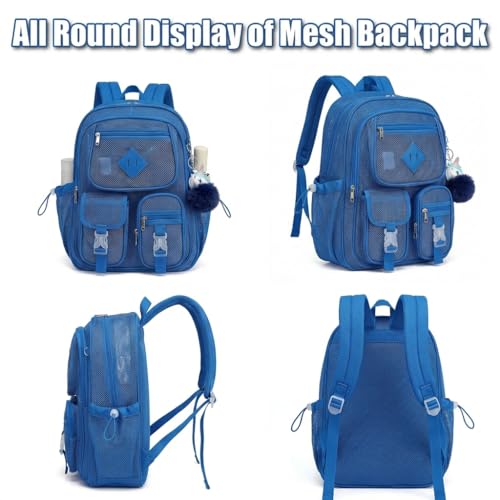 Mesh Backpack for Girls Boys, Heavy Duty Semi-Transparent Mesh Bookbag Womens Mens Mesh Backpacks for School, Sports, Beach, Swimming, Travel - Royal Blue - color: Royal Blue