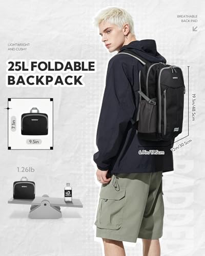 WATERFLY Lightweight Packable Backpack, 25L Small Foldable Travel Daypack | Multi-Pocket with Luggage Strap, Breathable Back Pad, Comfortable to wear, Easy to Fold, Compact Day Pack for Hiking Outdoor - color: Black