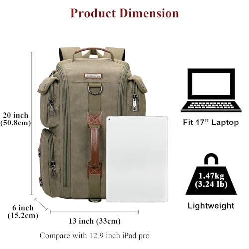 WITZMAN Travel Backpack for Men and Women Carry On Canvas Backpack Duffel Bag for Airplanes Fit 17 Inch Laptop (6661 Green) - color: Army Green