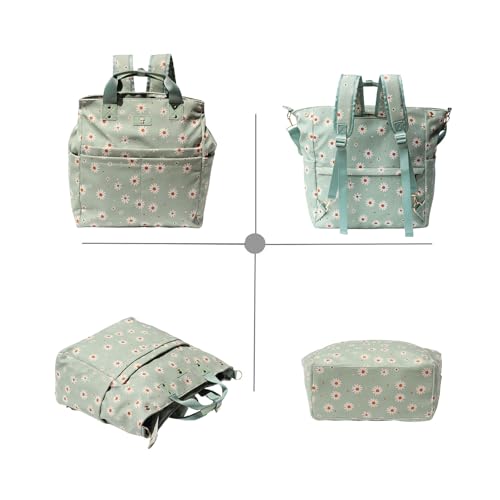 Diaper Backpack Totepack Crossbody 3 in 1 Laptop Tote with Insulated Pocket - color: Matcha Daisy
