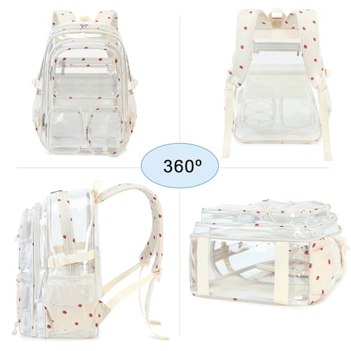 Hidds Clear Backpack for Girls Women Transparent Heavy Duty Bookbag Kids See Through Bag College Backpacks School (Beige Strawberry) - color: Beige Strawberry