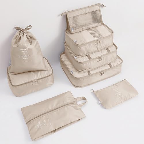 8 Set Packing Cubes for Suitcases, INVODA Travel Luggage Packing Organizers with Laundry Bag, Compression Storage Shoe Bag, Clothing Underwear Bag (Beige) - color: Beige