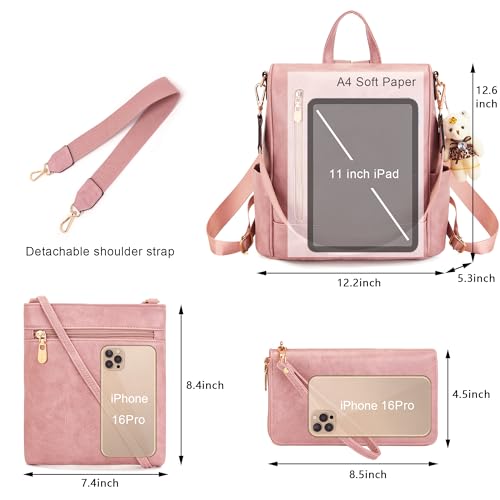 Soperwillton Women Fashion Backpack Purse Anti-Theft Leather Shoulder Bag Travel Multi Pockets Handbag Wallet Set 3pcs - color: Pink