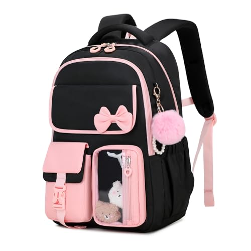 Girls Backpack, School Backpack for Girls, Cute Bow Kids Bookbag for Grils Children Teens for Elementary Middle High School Student, Back To School, Black Pink - color: Black Pink