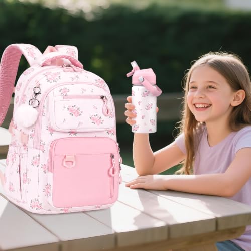 Bevalsa Backpack for Girls, School Bookbag Teen Girls Backpack Set with 14oz Insulated Water Bottle Stainless Steel, Lunch Bag & Pencial Case for Kids Elementary Middle Student (Pink Floral) - color: Pink Flower
