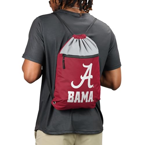 FOCO NCAA Officially Licensed Unisex Team Color Collage Primary Logo Wordmark Drawstring Backpack With Zippered Pocket - Alabama Crimson Tide - color: Alabama Crimson Tide