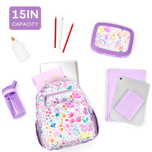 mibasies Kids Backpack for Girls 5-8: Water-Resistant School Bookbag for Kindergarten and Elementary - Flower Light Purple - color: Flower Light Purple, style: Kids-15"h