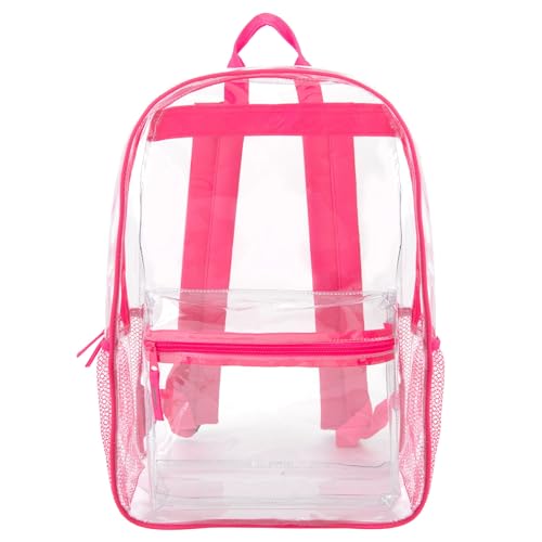 Trail maker Clear Backpack Heavy Duty with Padded Straps, Side Pockets for Kids, Boys, Girls, School, Stadium Approved Events - color: Pink