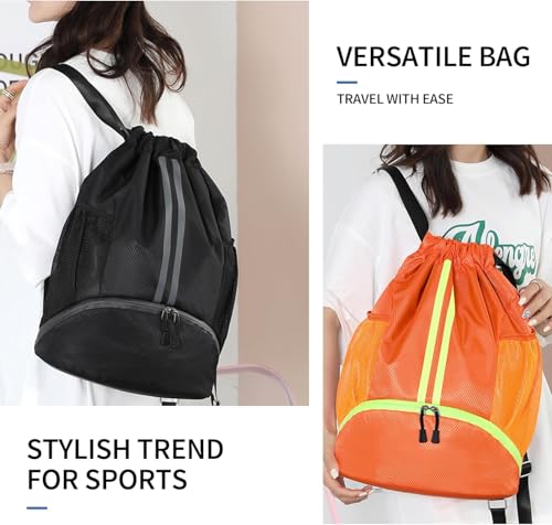 Drawstring Backpack Gym Bag with Shoe Compartment - Ideal for Basketball, Swimming, Beach Activities, Unisex - color: Orange