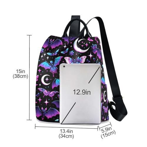 MNSRUU Women Backpack Purse Neon Purple and Bats Stars and Moons Backpack for Women Anti-theft Shoulder Bag Carry On Backpack Lightweight Rucksack Fashion Travel Ladies Bags - color: Bats A8889