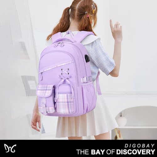 DIGOBAY Backpacks for Girls - 3PCS Girls Backpack with Lunch Box & Pencil Pouch Plaid School Backpacks for Elementary Middle High College School Bookbag for Teen Girl Kids Students Purple - color: Purpleplaid