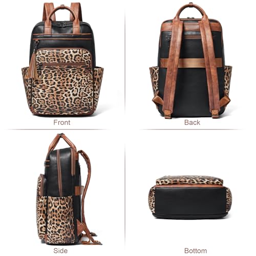 Shrrie Laptop Backpack for Women 15.6 inch Travel Leather Backpack Purse Work Computer Backpacks for Business College Black With Leopard - color: Black With Leopard