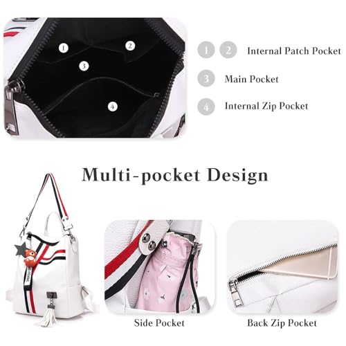 Fashion PU Leather Backpack Purse for Women Travel Backpack Bag with Tassel Ladies Shoulder Handbags Casual Daypack - color: White