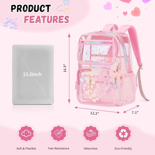 MOONBABY Clear Backpack for School Girls, Heavy Duty TPU Transparent Backpack Stadium Events Approved, Clear Bookbag - color: Pink