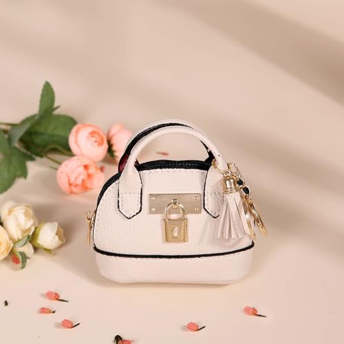 2 PCS Mini Coin Purse Keychain Mini Tote Bag Keychain PU Leather Little Cosmetic Bag for Women Key Lipstick Card Data Cable Organizer - color: Pink + White