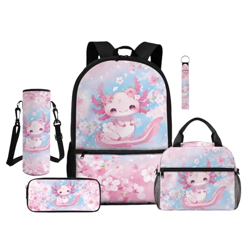 ZDCUSTOM Axolotl Backpack Set for Girls Bookbags with Lunch Box and Pencil Case, Large Capacity Elementary School Backpack for Girls Water Bottle Holder Keychain, Kids Schoolbags Sets 5-Pieces - color: Floral Axolotl