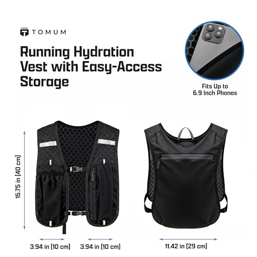 Tomum Running Vest for Women Men - Hydration Backpack Water Bottle Runner Vest for Hiking Trail Run Marathon Jogging - Lightweight Reflective Runners Vests Water Bag Back Pack with Phone Pocket