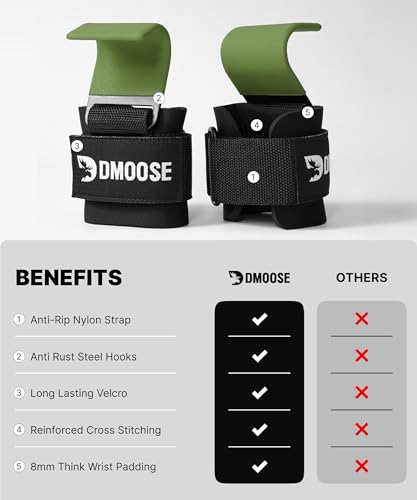DMoose Fitness Weight Lifting Hooks (Pair) for Deadlifts, Pull Ups, Rows & Shrugs - Anti-Rip Nylon Strap Hand Grips with Thick Wrist Padding - Heavy Duty Wrist Straps for Weightlifting & Gym Workouts - color: Green