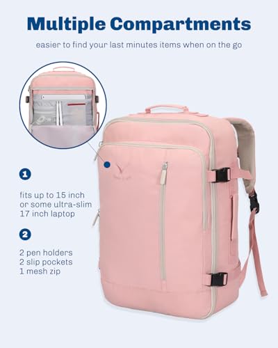 Hynes Eagle Carry on Backpack 38L Large Travel Backpack for Women Flight Approved Weekender Bag Laptop Backpack Men 15 inches Light Pink - color: Light Pink