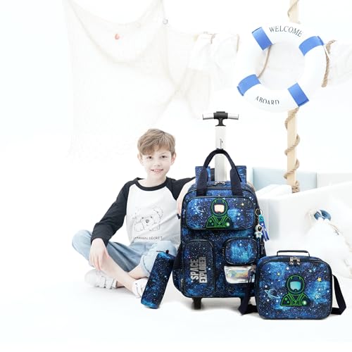 3 in 1 Boys Rolling Backpack with Wheels for Elementary Kindergarten Students Kids Travel Luggage Carry on Backpack for Boys Ages 6-8 - color: B Space