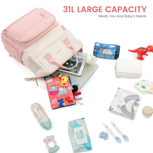 LOVEVOOK Diaper Bag Backpack, Baby Bag with Changing Station, Large Diaper Backpack for Moms Dads, Waterproof Leather Accents Baby Boy and Girl Bag for Travel Baby Essentials, Pink-Beige - color: Pink-beige