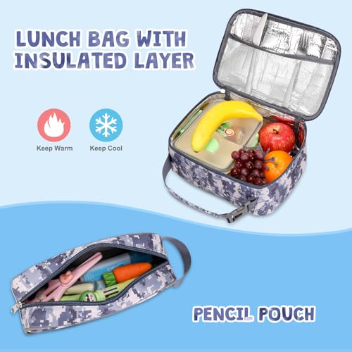 ACESAK Camo Backpack for Boys, Tactical Kids Backpack Boys, School Bags for Boy Children Teens Kids Elementary Middle High School, Military Bookbag and Lunch Bag Pencil Case Set with USB Charging Port - color: Grey Camo