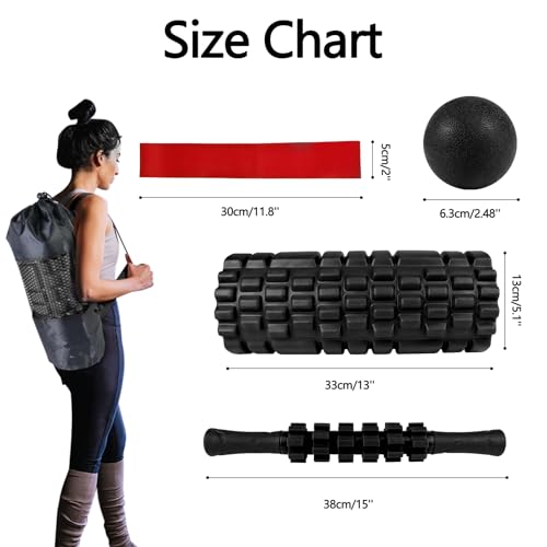 JOYENERGY 5 in 1 Foam Roller Set High Density Foam Roller Patented, Massage Stick, Massage Ball, Resistance Band for Deep Muscle Massage Pilates Yoga, Fitness for Trigger Point Release - color: Pure Black