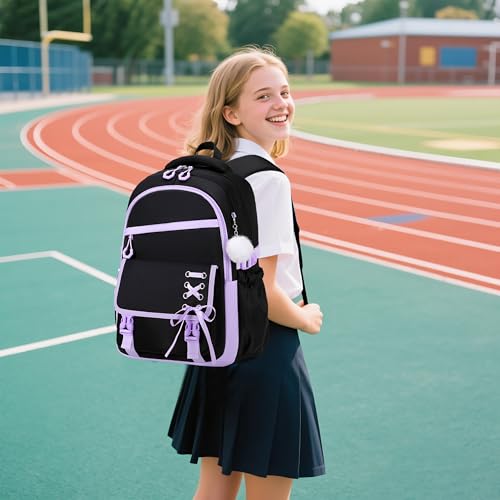 Scothen 3PCS Girls Backpack for School, Kids Backpack for Girls with Lunch Bag Pencil Case, Kids Bookbag Teen Backpacks for Elementary Middle High School (Black-Purple) - color: Black-purple