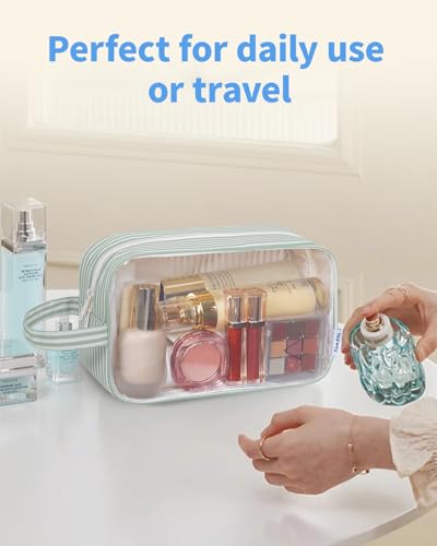 Narwey Clear Toiletry Bags for Traveling Women Men, Clear Travel Bags for Toiletries Makeup Bag Cosmetic Bag with Zipper, Make Up Organizer, Skincare Bag (Mint Green Stripe) - color: YB-Mint Green Stripe