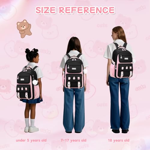PIG PIG GIRL Girls Backpack, Kids Backpack for Girls with Anti-theft Back Pocket, Lightweight School Backpacks, Watrer Resistant, Bookbag for Elementary Primary School, Black Pink,3pcs - color: Black Pink 3pcs