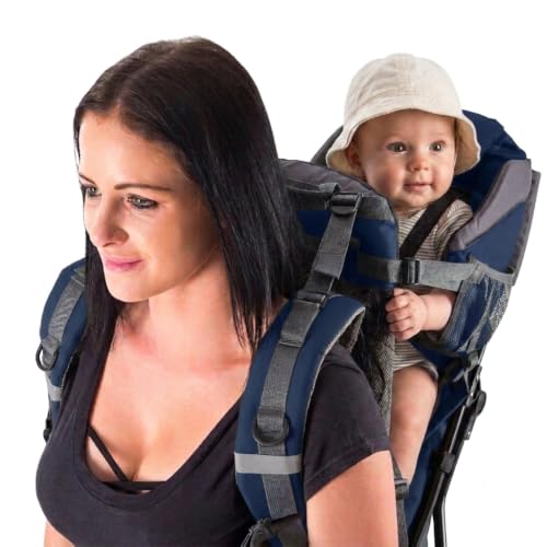 Hiking Baby Carrier Backpack - Comfortable Toddler/Baby Backpack Carrier System with Diaper Change Pad, Insulated Pocket + Rain and Sun Hood to Protect Your Child - color: Navy/Grey