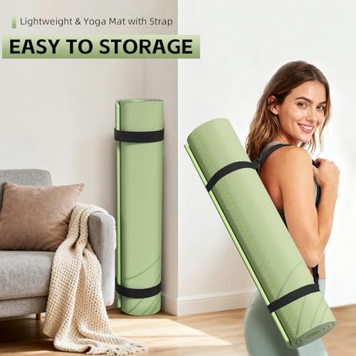 Large Yoga Mat Thick, 76"x32"x0.31"Wide POE Exercise Mat with Non-Slip Surface & Carry Strap, Anti-Tear Workout Mat for Yoga, Pilates, Fitness - color: Grass Green