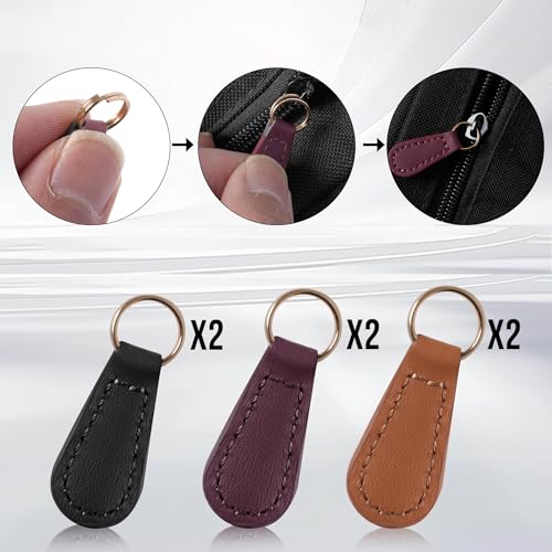 Deoward Zipper Pull Replacement PU Leather Zipper Tag Fixer Pull Repair for Backpacks, Jackets, Luggage, Purses, Suitcases, Handbags (6 PCS) - style: Zipper Pulls (Black+Khaki+Burgundy)
