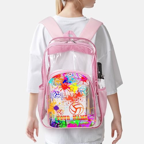 Custom Volleyball Clear Backpack Heavy Duty for Girls Kids Boys | Large Cool PVC Volleyball Theme Printing Transparent Backpacks for Schools Stadium Concerts Work - Clear/Pink - color: Volleyball Clear Backpack 1 Pink With Front Pocket Custom