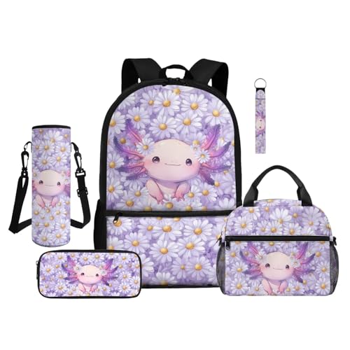 ZDCUSTOM 5PCS Daisy Axolotl Backpacks with Lunch Box Set for Girls - color: Daisy Axolotl