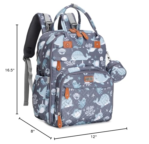 BabbleRoo Diaper Bag Backpack - Baby Essentials Travel Tote - Multi Function Water Resistant Diaper Bag, Travel Essentials Baby Bag with Changing Pad, Stroller Straps & Pacifier Case - Sea Animals - color: Sea Animals, size: Large