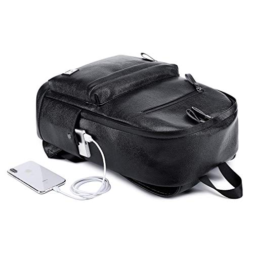 weiatas Black Leather Laptop Backpack for Men Women Work Travel, College School Backpack Casual Daypack fits 15.6 Inch
