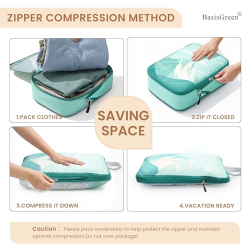 7-Piece Compression Packing Cubes for Travel, Patterned Expandable Luggage Organizer Bags with Double Zipper & Mesh Panel, Shoe Bag & Drawstring Bag for Carry-On, Vacation, Camping
