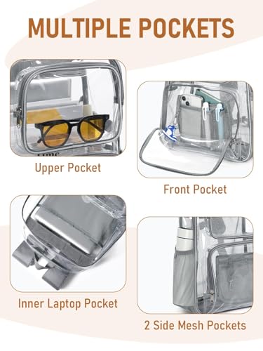 Clear Backpack Heavy Duty for Women Men Boys Girls, Large Clear Bookbag See Through Backpack for School College - color: 6#grey+pouch-no Reflective Strips