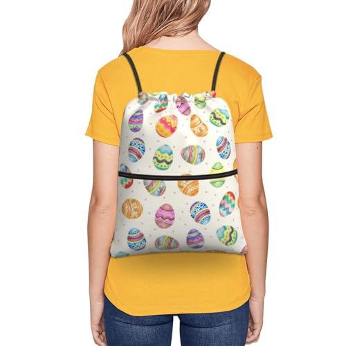 Easter Eggs Drawstring Bag, Waterproof Drawstring Bckpack for Gym Sports Easter Party Gift, Women Men Sackpack Bag with Front Zipper Pocket and Inside Zipper Pocket - color: Easter Eggs